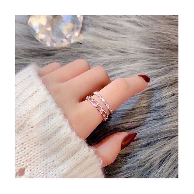 𝓨𝓪𝓷𝓰𝓑𝓲💫免運🌸台灣現貨🦋韓國鎖鏈雙層設計鑲鑽玫瑰金鋯石戒指Y41-細節圖5