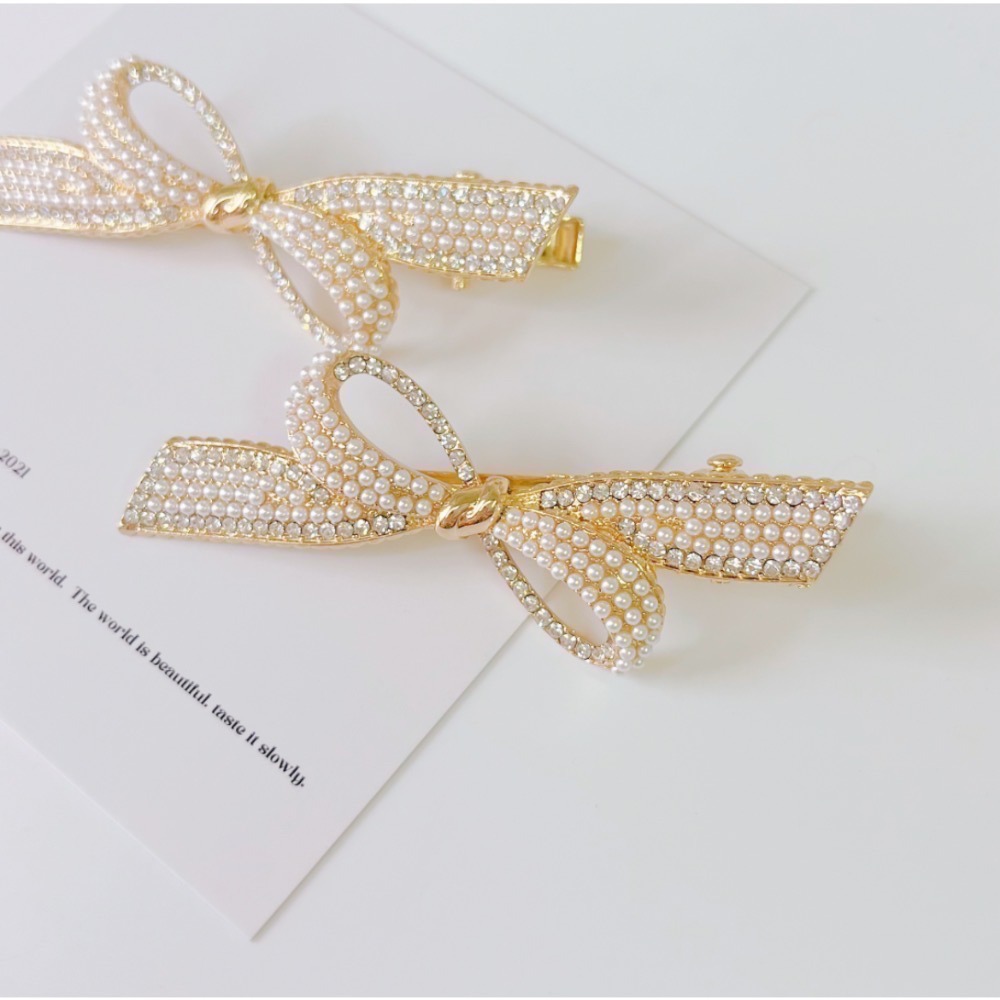 𝓨𝓪𝓷𝓰𝓑𝓲🫧韓款精緻珍珠水鑽蝴蝶結髮夾 瀏海夾 V275-細節圖2