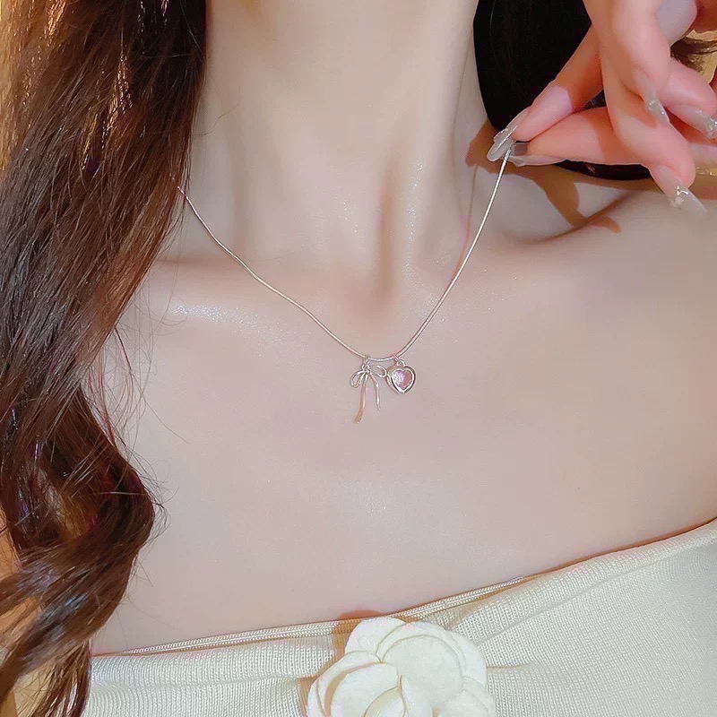 𝓨𝓪𝓷𝓰𝓑𝓲🩰925銀｜少女心粉色愛心鋯石蝴蝶結項鍊 Y693-細節圖3