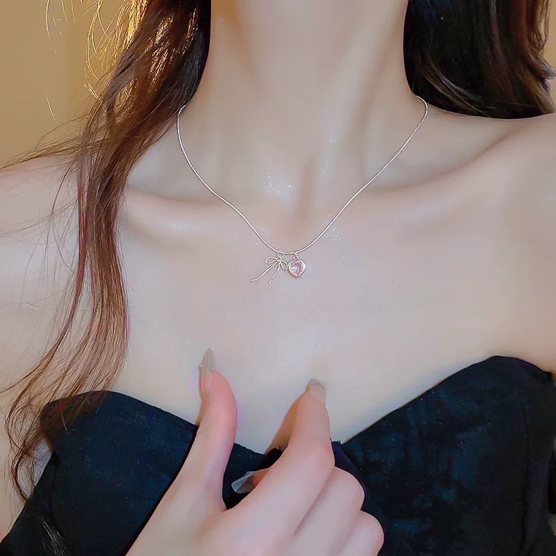 𝓨𝓪𝓷𝓰𝓑𝓲🩰925銀｜少女心粉色愛心鋯石蝴蝶結項鍊 Y693-細節圖5