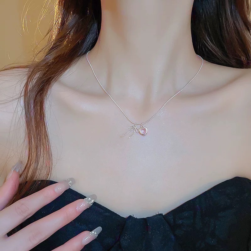 𝓨𝓪𝓷𝓰𝓑𝓲🩰925銀｜少女心粉色愛心鋯石蝴蝶結項鍊 Y693-細節圖7