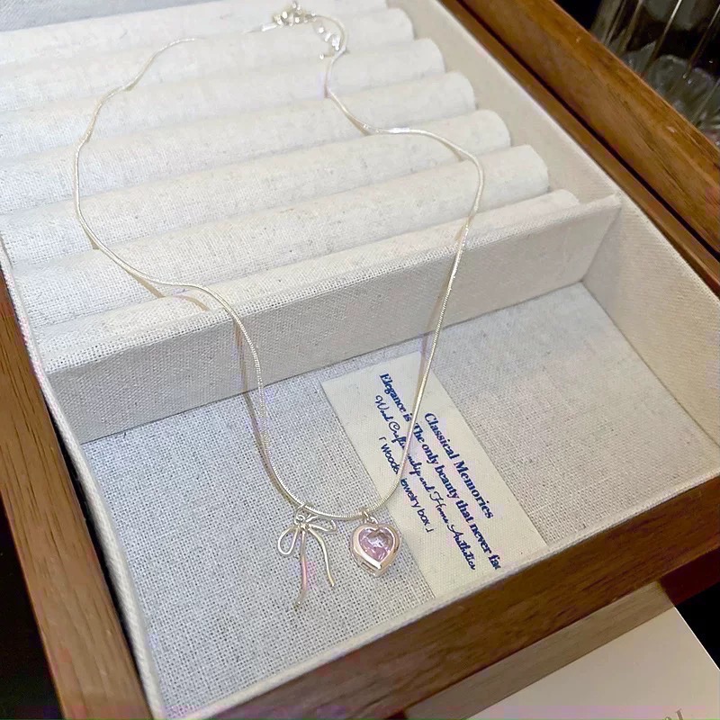 𝓨𝓪𝓷𝓰𝓑𝓲🩰925銀｜少女心粉色愛心鋯石蝴蝶結項鍊 Y693-細節圖2