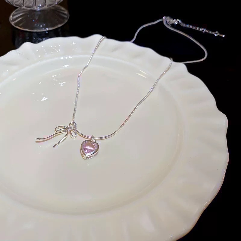 𝓨𝓪𝓷𝓰𝓑𝓲🩰925銀｜少女心粉色愛心鋯石蝴蝶結項鍊 Y693-細節圖4