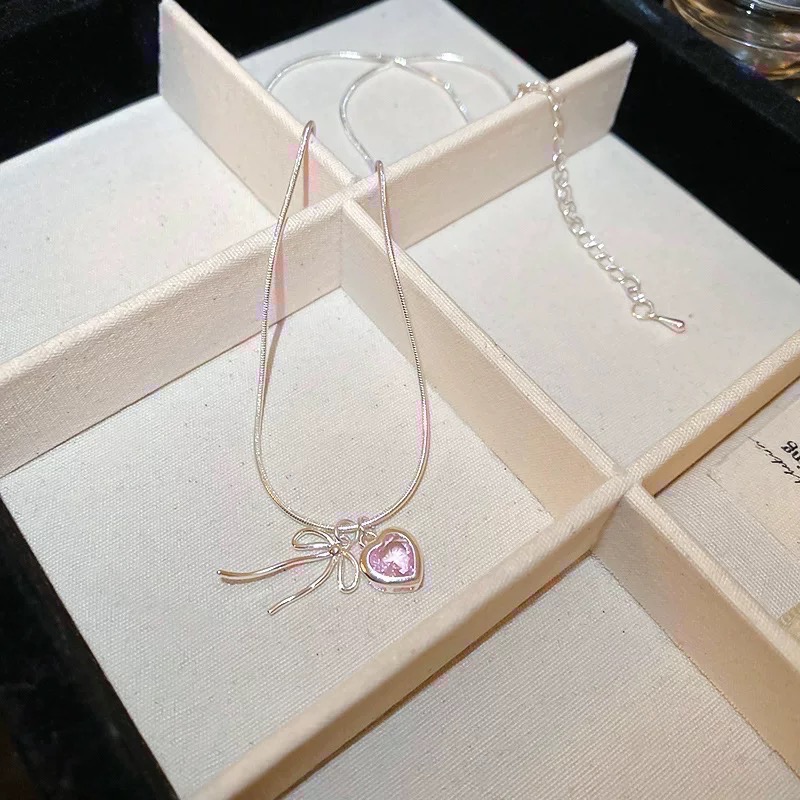 𝓨𝓪𝓷𝓰𝓑𝓲🩰925銀｜少女心粉色愛心鋯石蝴蝶結項鍊 Y693-細節圖8