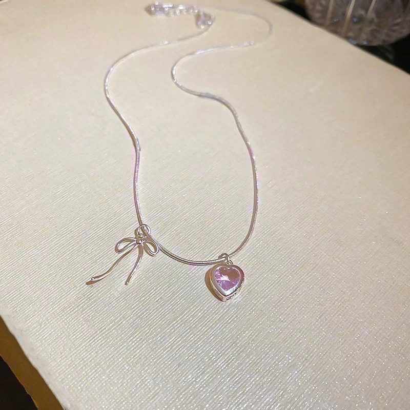 𝓨𝓪𝓷𝓰𝓑𝓲🩰925銀｜少女心粉色愛心鋯石蝴蝶結項鍊 Y693-細節圖9