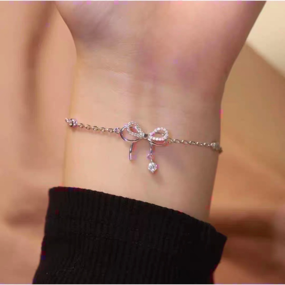 𝓨𝓪𝓷𝓰𝓑𝓲🩰925銀【疊加蝴蝶結鑲鑽手鍊】【閨蜜手鍊】 Y733韓國 抗過敏 不掉色-細節圖4