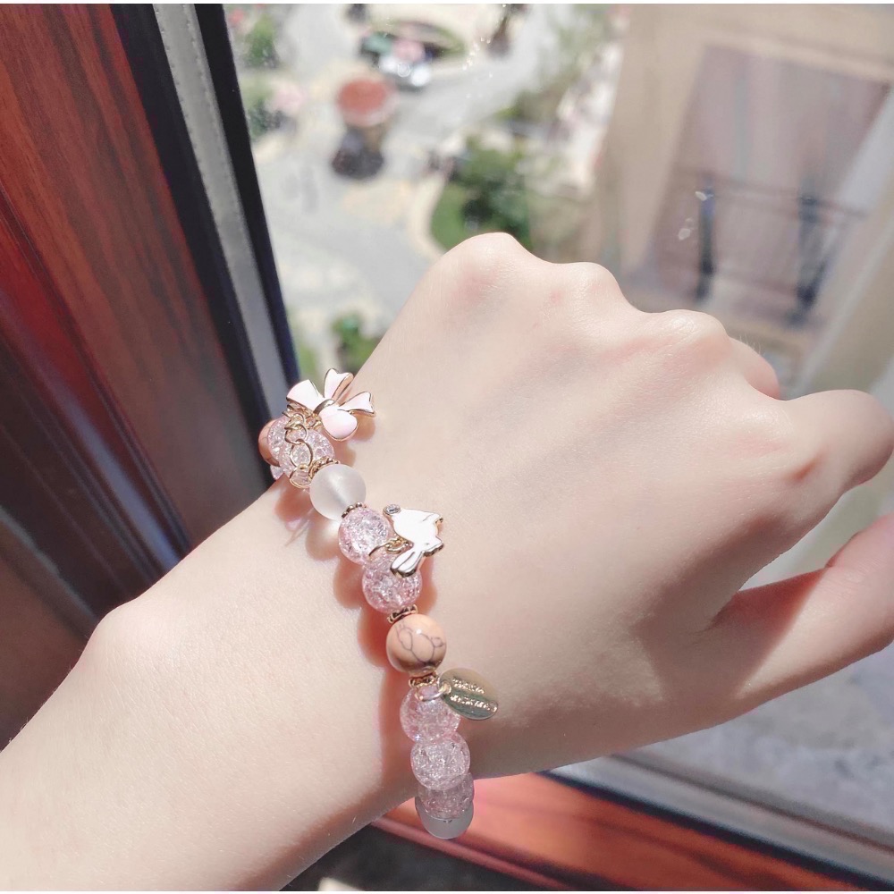 𝓨𝓪𝓷𝓰𝓑𝓲🩰日韓爆花水晶櫻花粉可愛兔子蝴蝶結手鍊Y747 甜美 閨蜜手鍊 招桃花-細節圖3