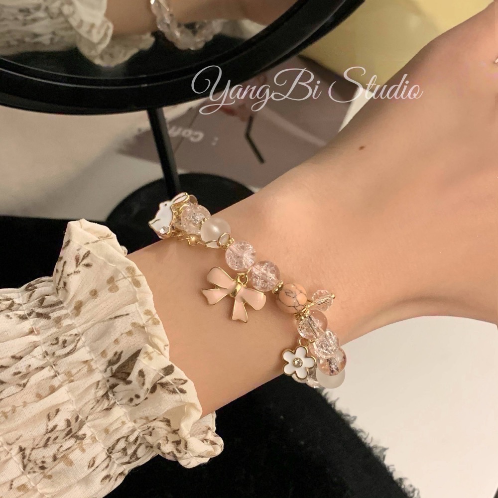 𝓨𝓪𝓷𝓰𝓑𝓲🩰日韓爆花水晶櫻花粉可愛兔子蝴蝶結手鍊Y747 甜美 閨蜜手鍊 招桃花-細節圖4