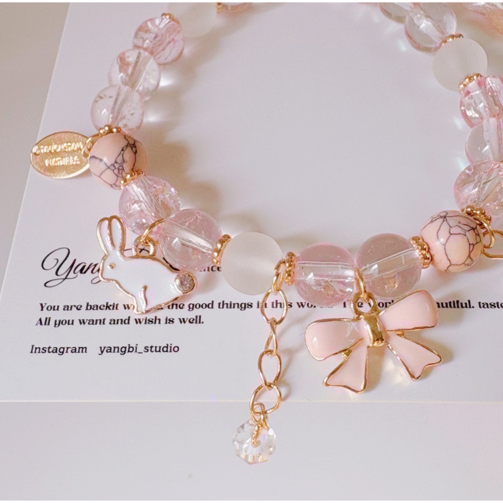 𝓨𝓪𝓷𝓰𝓑𝓲🩰日韓爆花水晶櫻花粉可愛兔子蝴蝶結手鍊Y747 甜美 閨蜜手鍊 招桃花-細節圖6