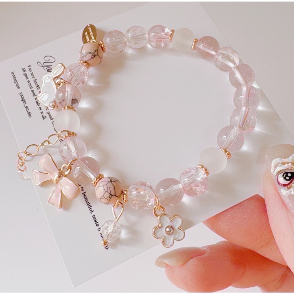 𝓨𝓪𝓷𝓰𝓑𝓲🩰日韓爆花水晶櫻花粉可愛兔子蝴蝶結手鍊Y747 甜美 閨蜜手鍊 招桃花-細節圖9