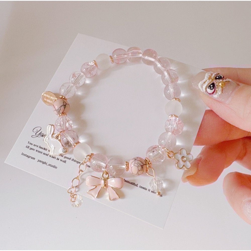 𝓨𝓪𝓷𝓰𝓑𝓲🩰日韓爆花水晶櫻花粉可愛兔子蝴蝶結手鍊Y747 甜美 閨蜜手鍊 招桃花-細節圖10