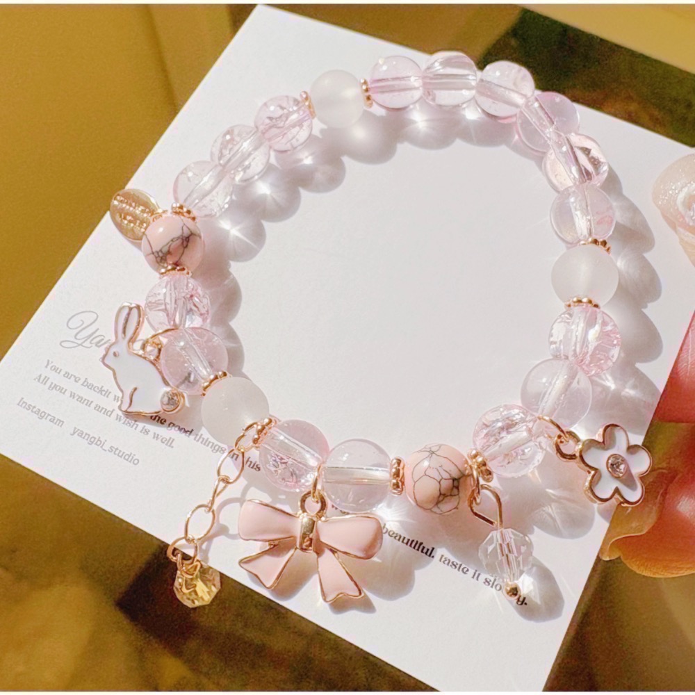 𝓨𝓪𝓷𝓰𝓑𝓲🩰日韓爆花水晶櫻花粉可愛兔子蝴蝶結手鍊Y747 甜美 閨蜜手鍊 招桃花-細節圖11