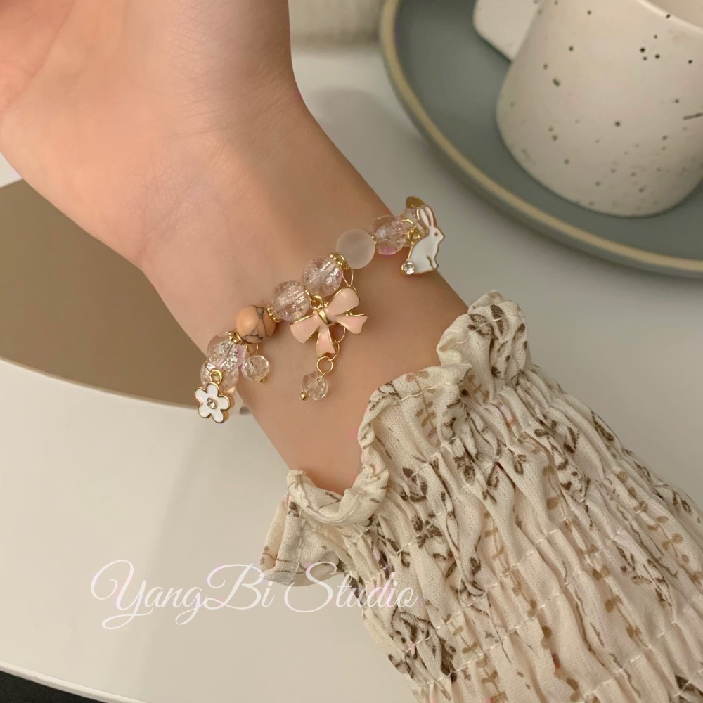 𝓨𝓪𝓷𝓰𝓑𝓲🩰日韓爆花水晶櫻花粉可愛兔子蝴蝶結手鍊Y747 甜美 閨蜜手鍊 招桃花-細節圖5