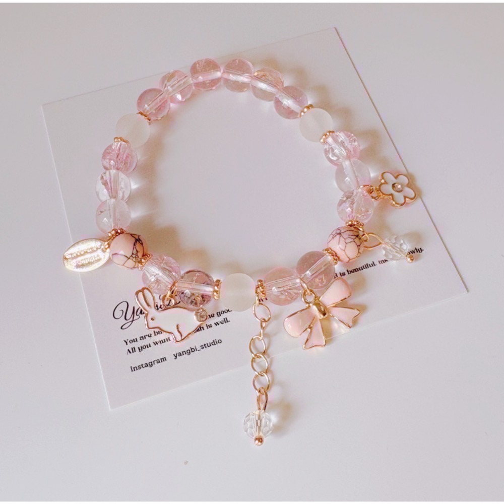 𝓨𝓪𝓷𝓰𝓑𝓲🩰日韓爆花水晶櫻花粉可愛兔子蝴蝶結手鍊Y747 甜美 閨蜜手鍊 招桃花-細節圖7