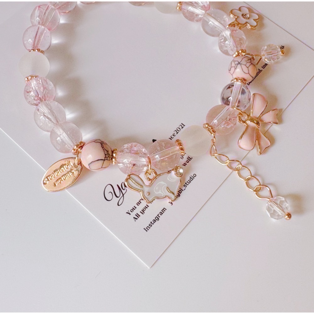 𝓨𝓪𝓷𝓰𝓑𝓲🩰日韓爆花水晶櫻花粉可愛兔子蝴蝶結手鍊Y747 甜美 閨蜜手鍊 招桃花-細節圖8