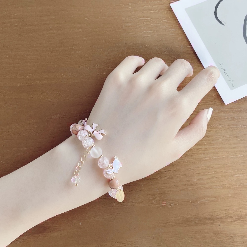 𝓨𝓪𝓷𝓰𝓑𝓲🩰日韓爆花水晶櫻花粉可愛兔子蝴蝶結手鍊Y747 甜美 閨蜜手鍊 招桃花-細節圖2