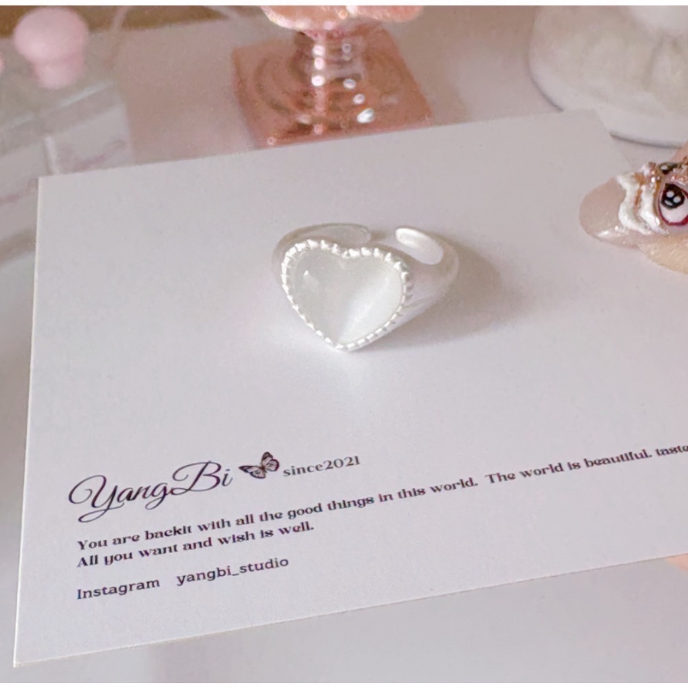 𝓨𝓪𝓷𝓰𝓑𝓲🩰貓眼石愛心花邊拉絲戒指 Y754東大門 小眾 2025新款 質感-細節圖3