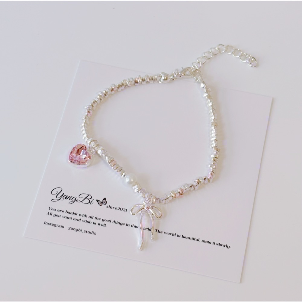 𝓨𝓪𝓷𝓰𝓑𝓲🩰少女心.粉色愛心鋯石蝴蝶結碎銀子手鍊 Y757-細節圖3