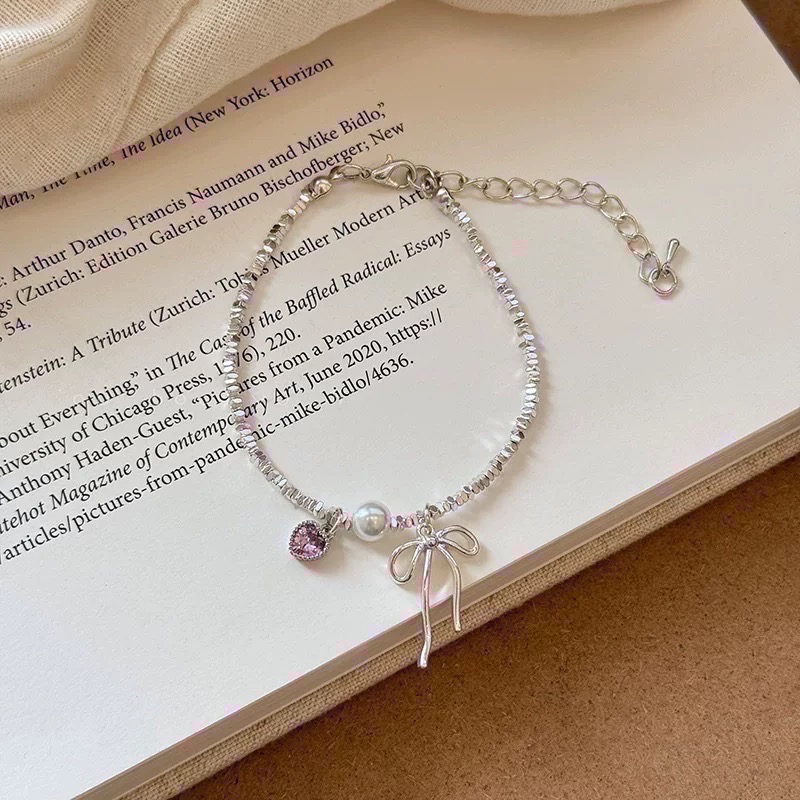 𝓨𝓪𝓷𝓰𝓑𝓲🩰少女心.粉色愛心鋯石蝴蝶結碎銀子手鍊 Y757-細節圖4