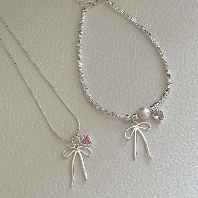 𝓨𝓪𝓷𝓰𝓑𝓲🩰少女心.粉色愛心鋯石蝴蝶結碎銀子手鍊 Y757-細節圖2