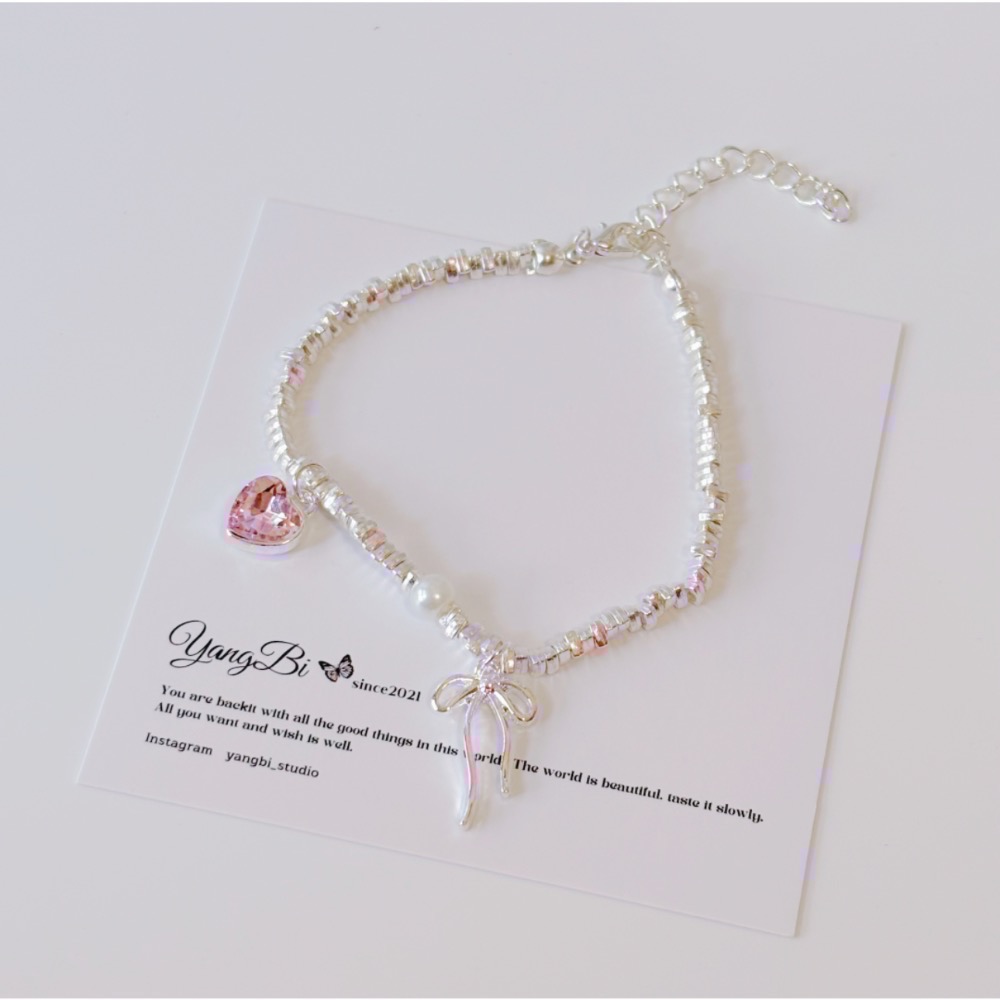𝓨𝓪𝓷𝓰𝓑𝓲🩰少女心.粉色愛心鋯石蝴蝶結碎銀子手鍊 Y757-細節圖3
