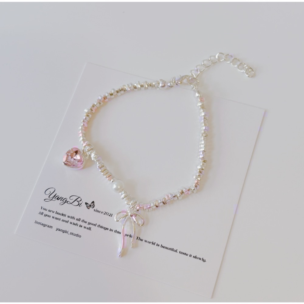 𝓨𝓪𝓷𝓰𝓑𝓲🩰少女心.粉色愛心鋯石蝴蝶結碎銀子手鍊 Y757-細節圖6