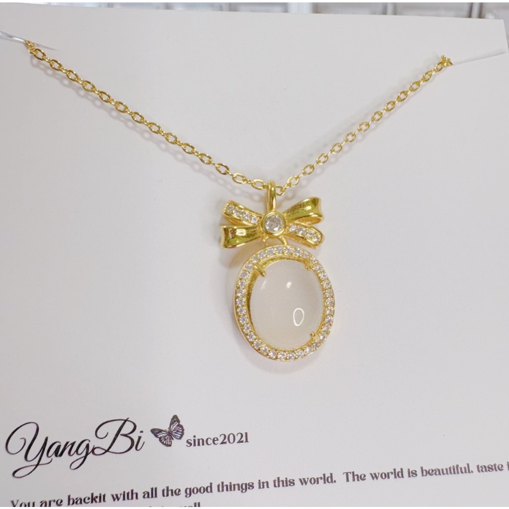 𝓨𝓪𝓷𝓰𝓑𝓲🩰精緻蝴蝶結鴿子蛋面仿玉髓項鍊 輕奢 白玉 白貓眼 Y777-細節圖6