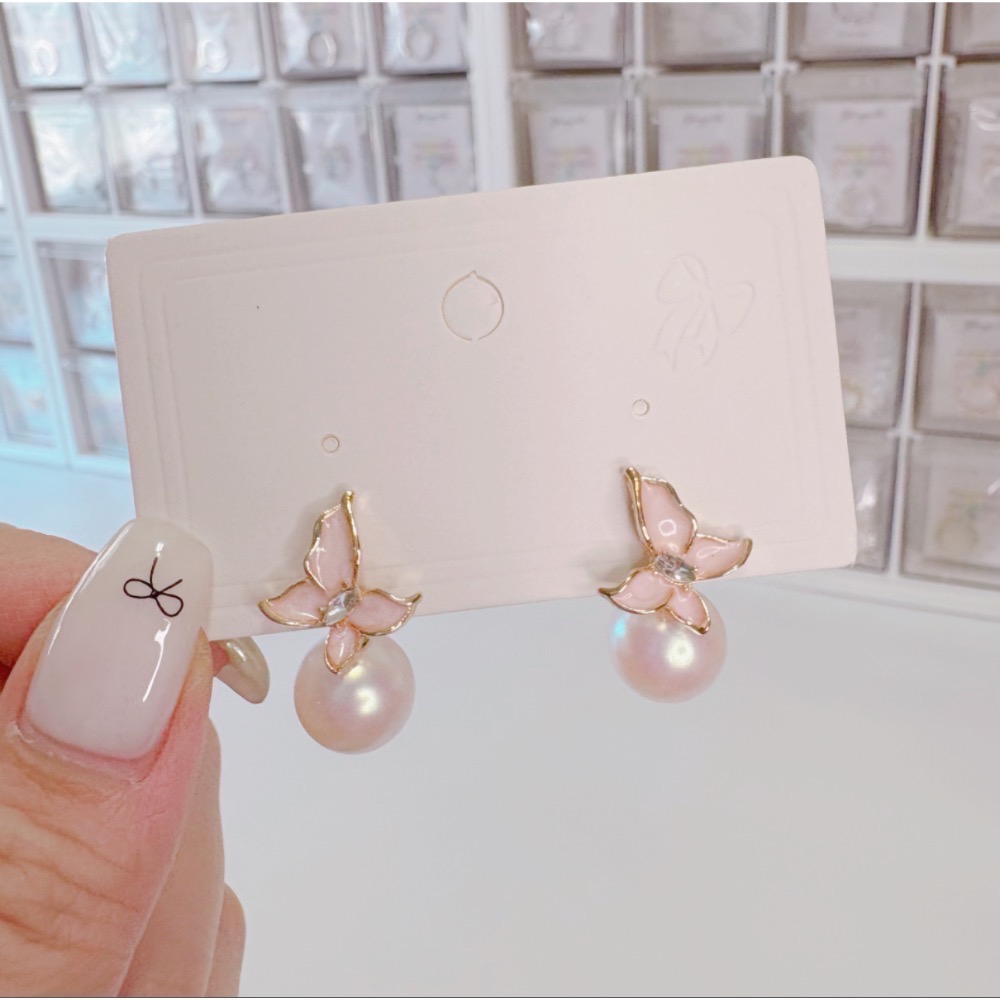 𝓨𝓪𝓷𝓰𝓑𝓲🩰925銀針｜超仙氣甜美粉色滴油蝴蝶珍珠耳環 耳飾 抗過敏 Y783-細節圖8