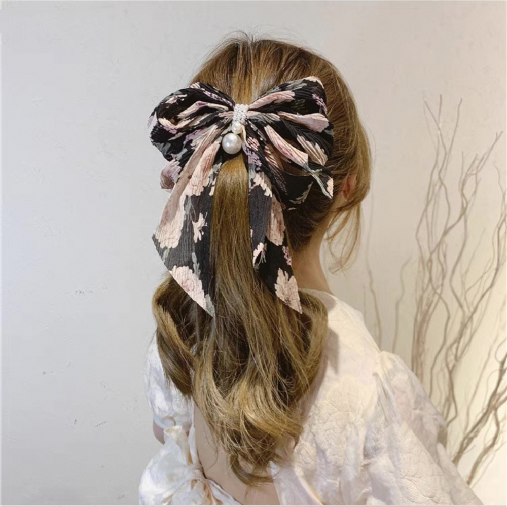 𝓨𝓪𝓷𝓰𝓑𝓲🕊️碎花皺摺蝴蝶結珍珠吊墜髮夾 彈簧夾 馬尾夾 公主頭 V380-細節圖6