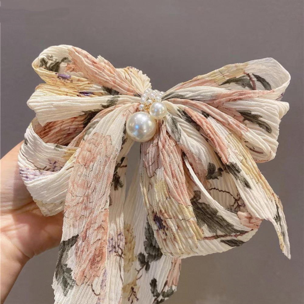 𝓨𝓪𝓷𝓰𝓑𝓲🕊️碎花皺摺蝴蝶結珍珠吊墜髮夾 彈簧夾 馬尾夾 公主頭 V380-細節圖8