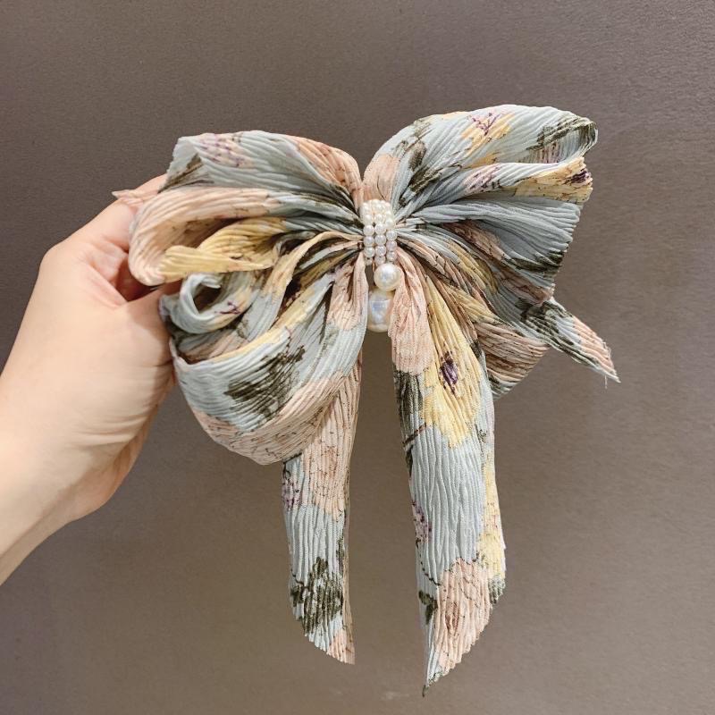 𝓨𝓪𝓷𝓰𝓑𝓲🕊️碎花皺摺蝴蝶結珍珠吊墜髮夾 彈簧夾 馬尾夾 公主頭 V380-細節圖10