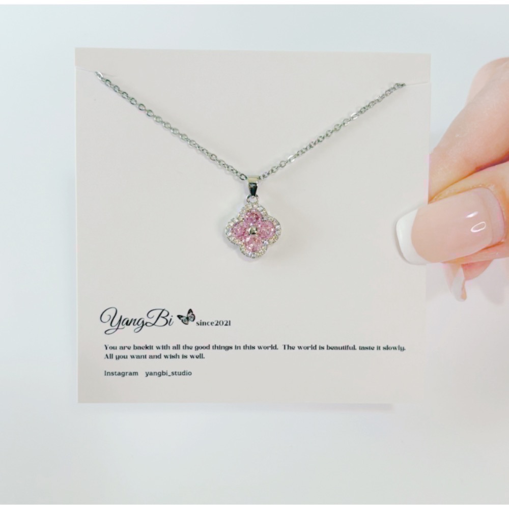 𝓨𝓪𝓷𝓰𝓑𝓲🕊️粉色四葉草 幸運草水鑽白金項鍊 Y805-細節圖3