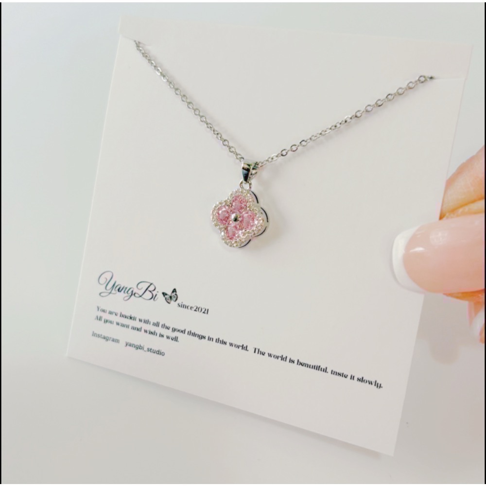 𝓨𝓪𝓷𝓰𝓑𝓲🕊️粉色四葉草 幸運草水鑽白金項鍊 Y805-細節圖4
