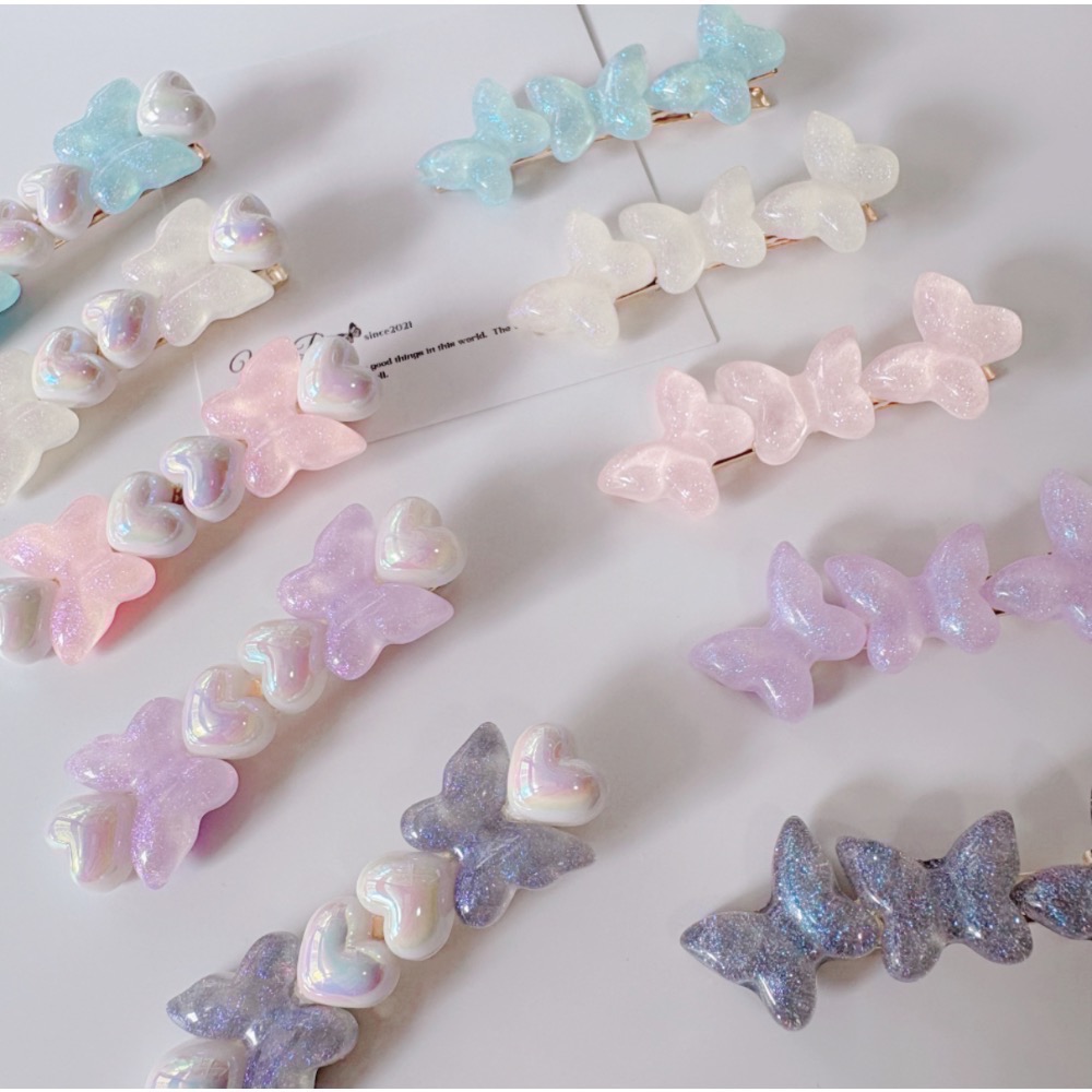 𝓨𝓪𝓷𝓰𝓑𝓲🕊️【細閃夢幻冰透蝴蝶】珍珠愛心蝴蝶髮夾 邊夾 鴨嘴夾 V402-細節圖9