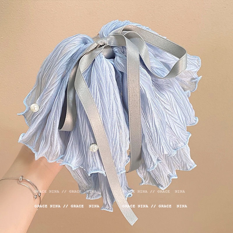 𝓨𝓪𝓷𝓰𝓑𝓲🕊️【超美冰藍色】【褶皺冰藍珍珠蝴蝶結馬尾夾】慵懶度假風 V405-細節圖4