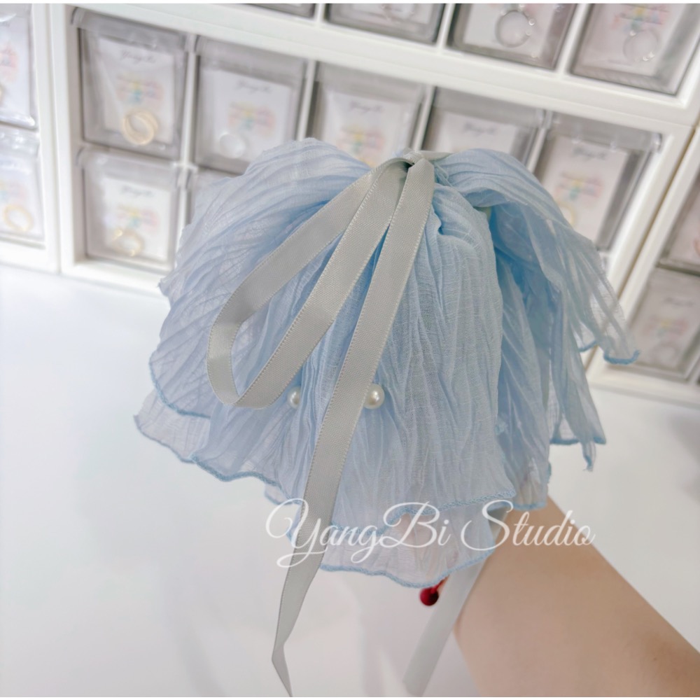 𝓨𝓪𝓷𝓰𝓑𝓲🕊️【超美冰藍色】【褶皺冰藍珍珠蝴蝶結馬尾夾】慵懶度假風 V405-細節圖5