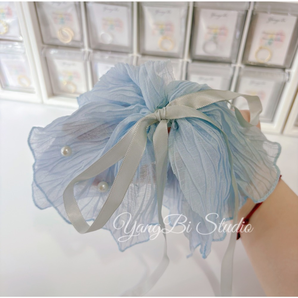 𝓨𝓪𝓷𝓰𝓑𝓲🕊️【超美冰藍色】【褶皺冰藍珍珠蝴蝶結馬尾夾】慵懶度假風 V405-細節圖6