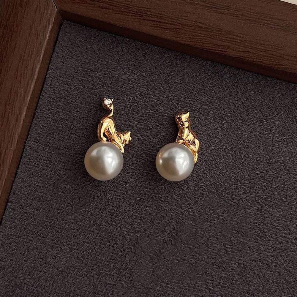 𝓨𝓪𝓷𝓰𝓑𝓲🕊️【鍍14K設計師款質感佳】【不對稱貓咪珍珠耳釘耳環】 Y847-細節圖4
