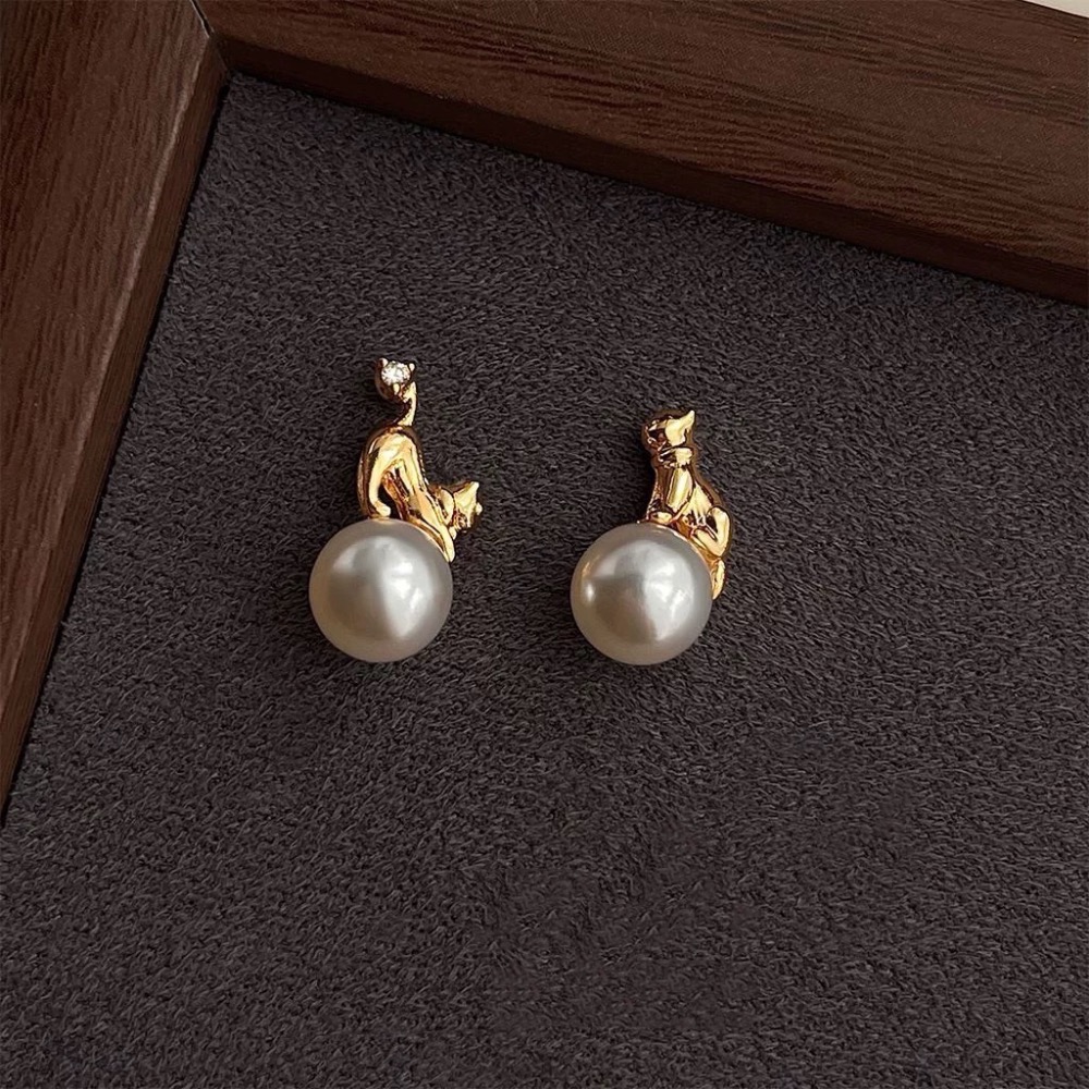 𝓨𝓪𝓷𝓰𝓑𝓲🕊️【鍍14K設計師款質感佳】【不對稱貓咪珍珠耳釘耳環】 Y847-細節圖4
