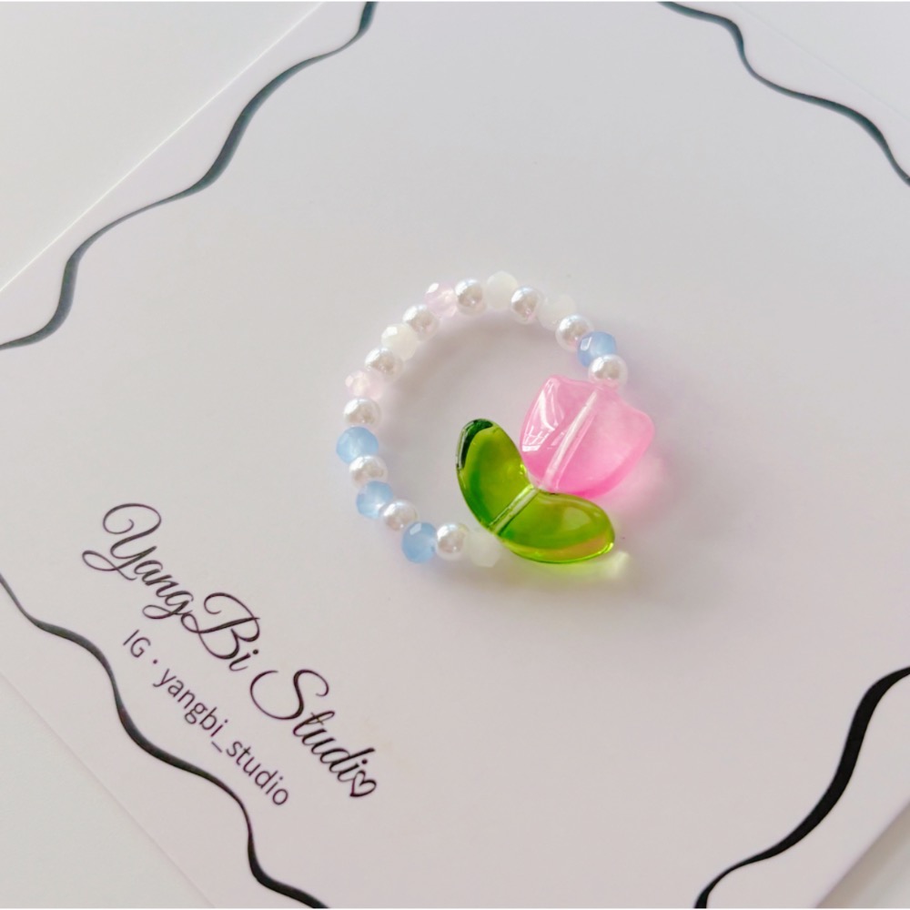 𝓨𝓪𝓷𝓰𝓑𝓲🕊️【甜美小清新/珍珠海藍嫩粉鬱金香串珠戒指】 Y872-細節圖4