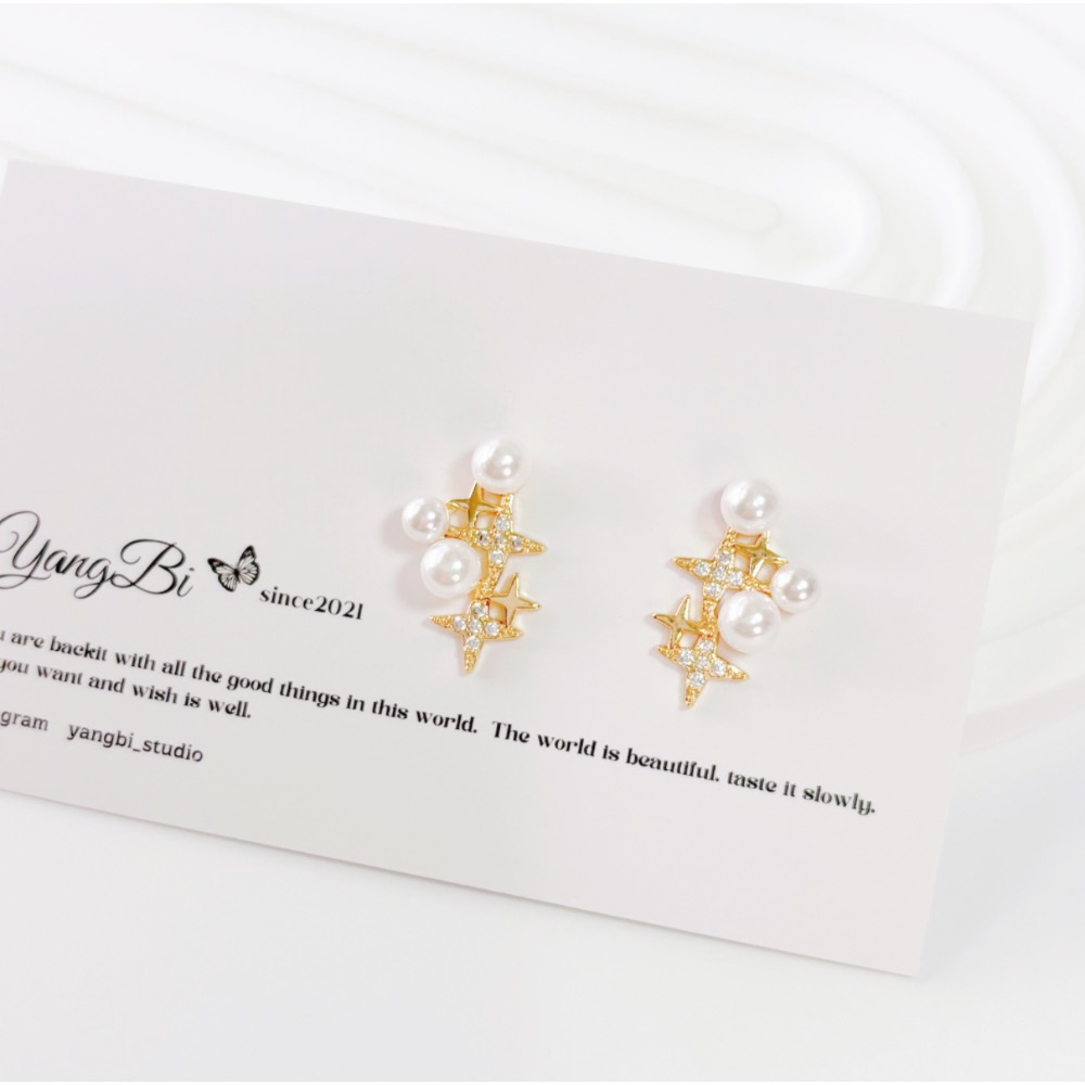 𝓨𝓪𝓷𝓰𝓑𝓲🕊️【鍍14K】【閃爍星光水鑽珍珠耳扣】耳環 Y892-細節圖3