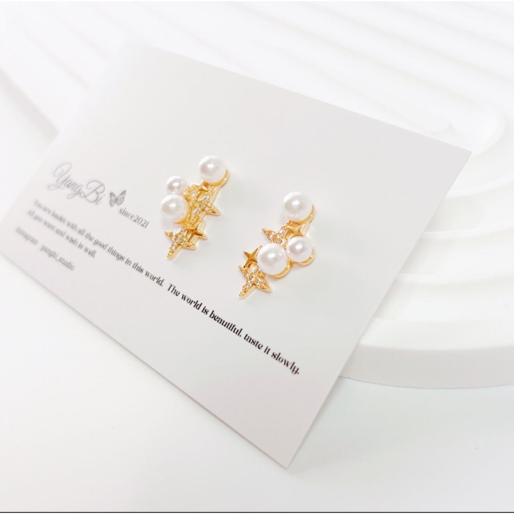 𝓨𝓪𝓷𝓰𝓑𝓲🕊️【鍍14K】【閃爍星光水鑽珍珠耳扣】耳環 Y892-細節圖10