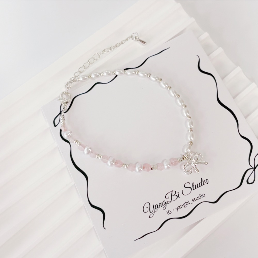𝓨𝓪𝓷𝓰𝓑𝓲🕊️【甜美粉水晶珍珠蝴蝶結手鍊】 Y897-細節圖5