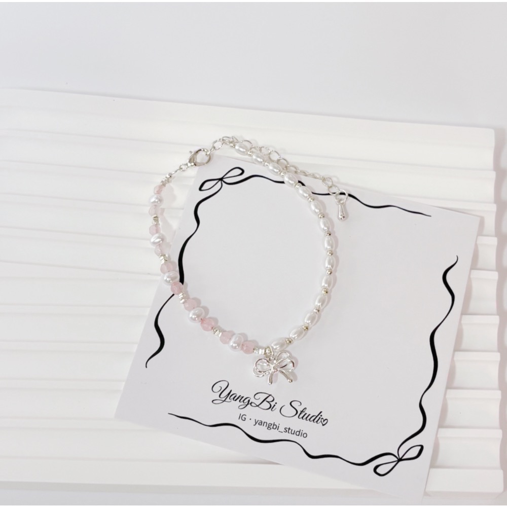 𝓨𝓪𝓷𝓰𝓑𝓲🕊️【甜美粉水晶珍珠蝴蝶結手鍊】 Y897-細節圖8