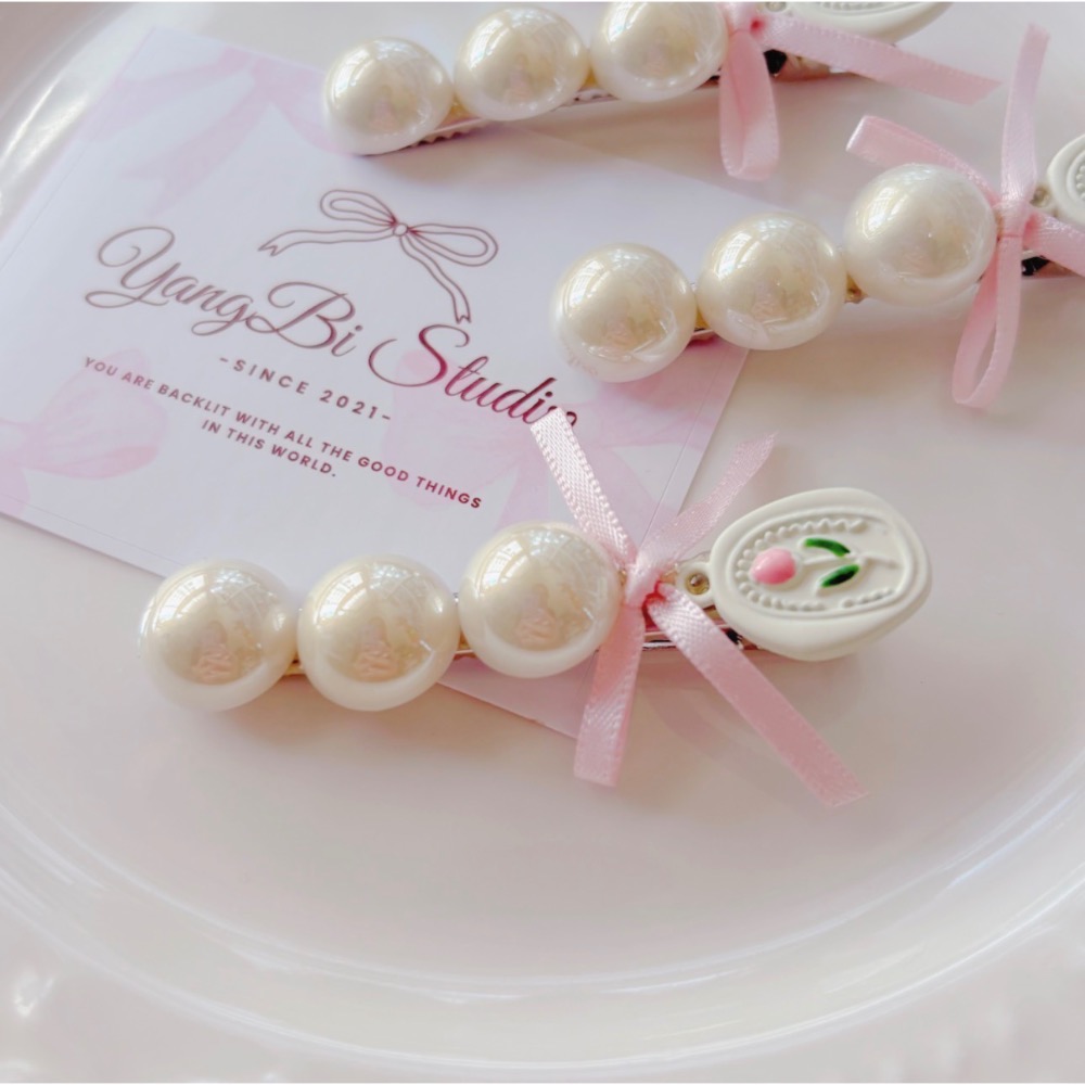 𝓨𝓪𝓷𝓰𝓑𝓲🕊️【質感女孩．鬱金香絲帶蝴蝶結珍珠髮夾】瀏海夾 V458-細節圖4