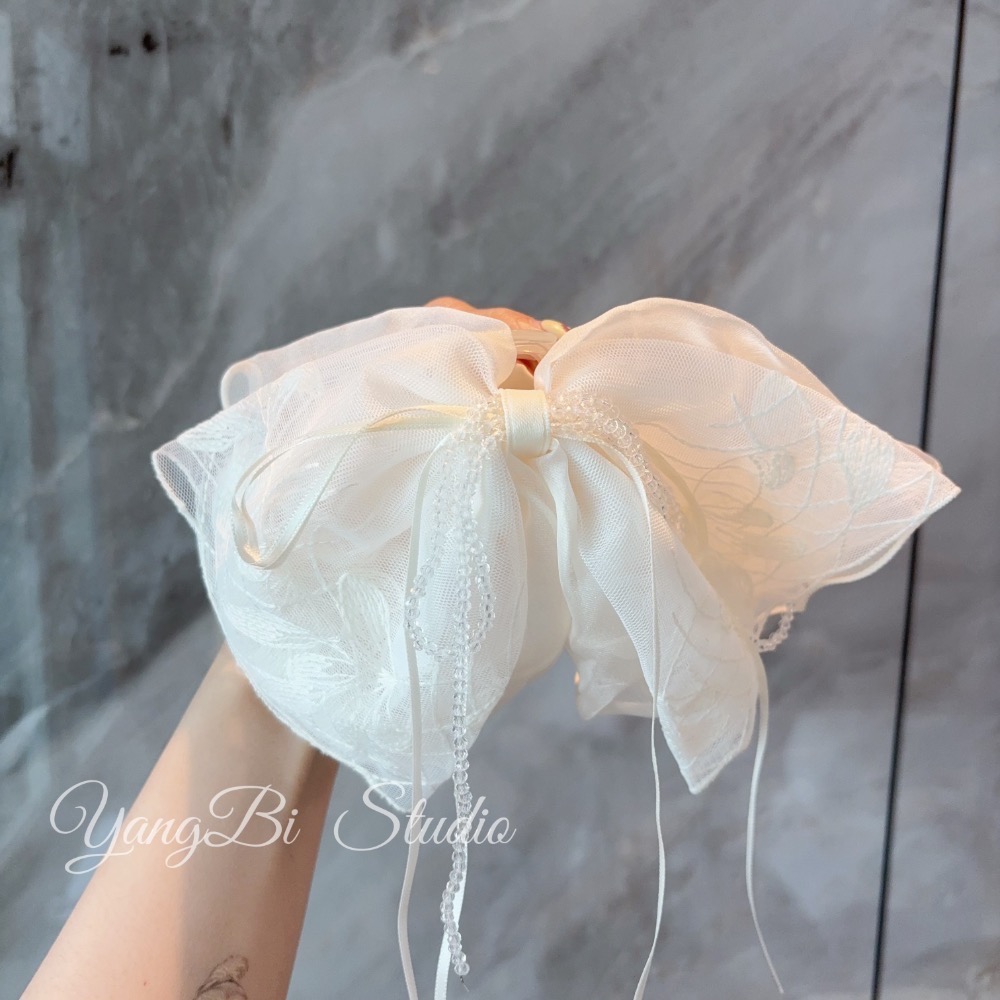 𝓨𝓪𝓷𝓰𝓑𝓲🕊️正韓質感超好🇰🇷隨便夾都超好看 白色刺繡蕾絲白水晶蝴蝶結馬尾夾 V523-細節圖3
