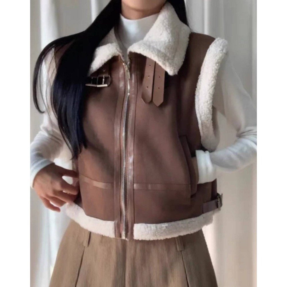🌿Lu的平價衣櫃🌿現貨6011✔️韓國chic減齡復古風格小眾氣質皮毛一體PU皮衣拉鍊馬甲#率性#羊羔毛#背心#外套-細節圖2