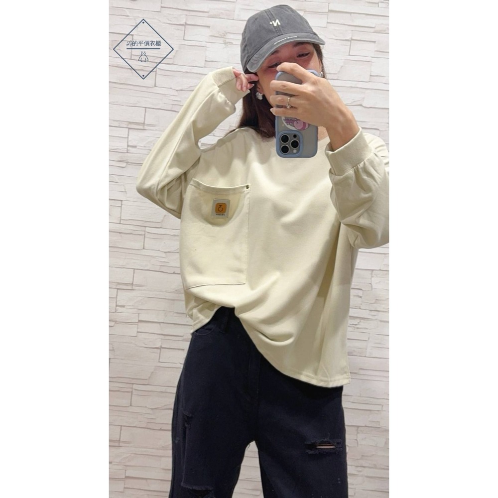 🌿Lu的平價衣櫃🌿現貨D80✔️韓系重磅外磨毛3標大口袋T#韓標#大學T#休閒#百搭#自訂款#衛衣#磨毛#口袋-細節圖3