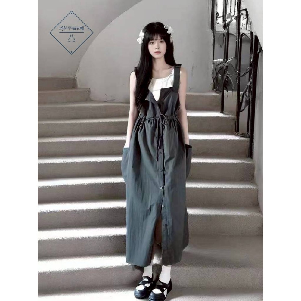 🌿Lu的平價衣櫃🌿🌸現貨A04-17-6675-36✔️韓國網紅爆款.顯瘦遮肉工裝吊帶裙兩件式#吊帶裙#工裝裙-細節圖5