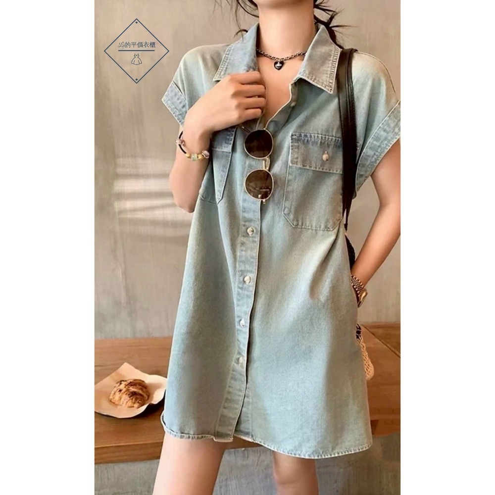 🌿Lu的平價衣櫃🌿🌸現貨A04-W01-1001-35✔️韓系復古率性翻領小飛袖洗水牛仔門釦洋裝（不含腰帶）-細節圖2
